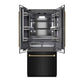 ZLINE Autograph Edition 36 in. 19.6 cu. ft. French Door Built-In Bottom Freezer Refrigerator with Water Dispenser and Ice Maker in Black Stainless Steel with Graphite Gray Interior and Champagne Bronze Helix Handles (GRBIVZ-BS36KCB) front, refrigeration compartment open.