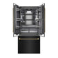ZLINE Autograph Edition 36 in. 19.6 cu. ft. French Door Built-In Bottom Freezer Refrigerator with Water Dispenser and Ice Maker in Black Stainless Steel with Graphite Gray Interior and Champagne Bronze Helix Handles (GRBIVZ-BS36KCB) front, refrigeration compartment and bottom freezer open.