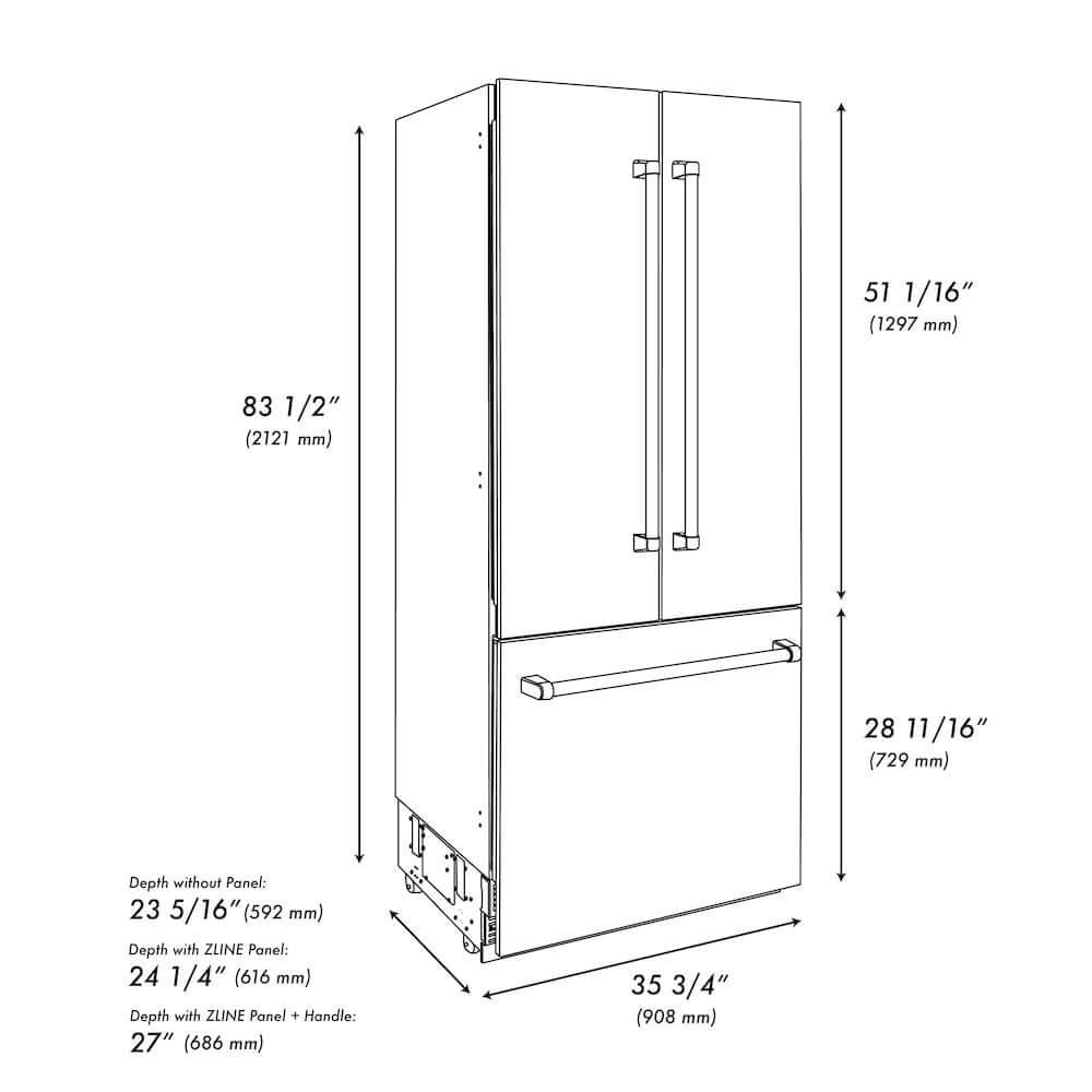 ZLINE Autograph Edition 36 in. 19.6 cu. ft. French Door Built-In Bottom Freezer Refrigerator with Water Dispenser and Ice Maker in Black Stainless Steel with Graphite Gray Interior and Polished Gold Helix Handles (GRBIVZ-BS36KG) dimensional diagram.