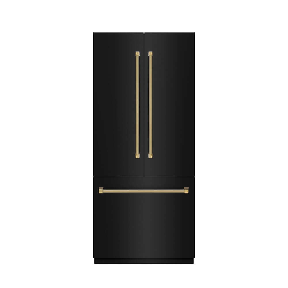 ZLINE Autograph Edition 36 in. 19.6 cu. ft. French Door Built-In Bottom Freezer Refrigerator with Water Dispenser and Ice Maker in Black Stainless Steel with Graphite Gray Interior and Polished Gold Helix Handles (GRBIVZ-BS36KG) front, closed.