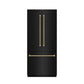 ZLINE Autograph Edition 36 in. 19.6 cu. ft. French Door Built-In Bottom Freezer Refrigerator with Water Dispenser and Ice Maker in Black Stainless Steel with Graphite Gray Interior and Polished Gold Helix Handles (GRBIVZ-BS36KG) front, closed.