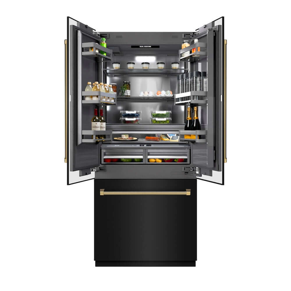 ZLINE Autograph Edition 36 in. 19.6 cu. ft. French Door Built-In Bottom Freezer Refrigerator with Water Dispenser and Ice Maker in Black Stainless Steel with Graphite Gray Interior and Polished Gold Helix Handles (GRBIVZ-BS36KG) front, open, displaying various food items on a white background.