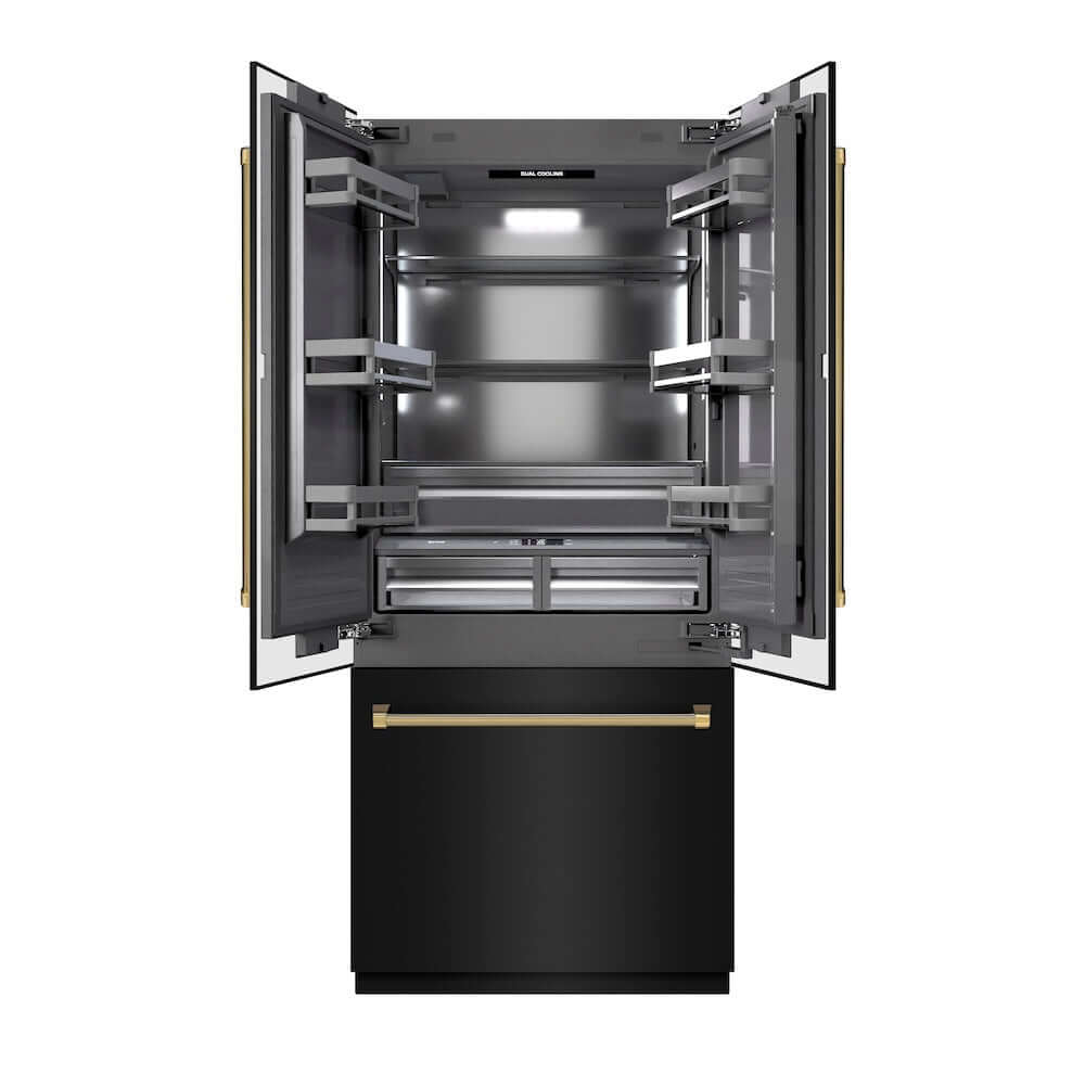 ZLINE Autograph Edition 36 in. 19.6 cu. ft. French Door Built-In Bottom Freezer Refrigerator with Water Dispenser and Ice Maker in Black Stainless Steel with Graphite Gray Interior and Polished Gold Helix Handles (GRBIVZ-BS36KG) front, refrigeration compartment open.