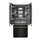 ZLINE Autograph Edition 36 in. 19.6 cu. ft. French Door Built-In Bottom Freezer Refrigerator with Water Dispenser and Ice Maker in Black Stainless Steel with Graphite Gray Interior and Polished Gold Helix Handles (GRBIVZ-BS36KG) front, refrigeration compartment open.