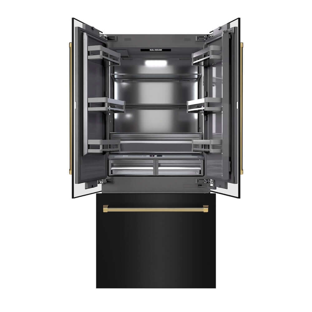 ZLINE Autograph Edition 36 in. 19.6 cu. ft. French Door Built-In Bottom Freezer Refrigerator with Water Dispenser and Ice Maker in Black Stainless Steel with Graphite Gray Interior and Polished Gold Helix Handles (GRBIVZ-BS36KG) front, refrigeration compartment and bottom freezer open.