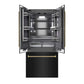 ZLINE Autograph Edition 36 in. 19.6 cu. ft. French Door Built-In Bottom Freezer Refrigerator with Water Dispenser and Ice Maker in Black Stainless Steel with Graphite Gray Interior and Polished Gold Helix Handles (GRBIVZ-BS36KG) front, refrigeration compartment and bottom freezer open.