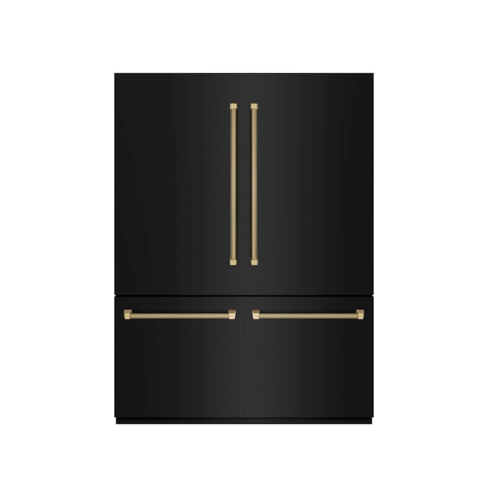 ZLINE Autograph Edition 60 in. 32.2 cu. ft. French Door Built-In Bottom Freezer Refrigerator with Water Dispenser and Ice Maker in Black Stainless Steel with Graphite Gray Interior and Champagne Bronze Helix Handles (GRBIVZ-BS60KCB) front, closed.