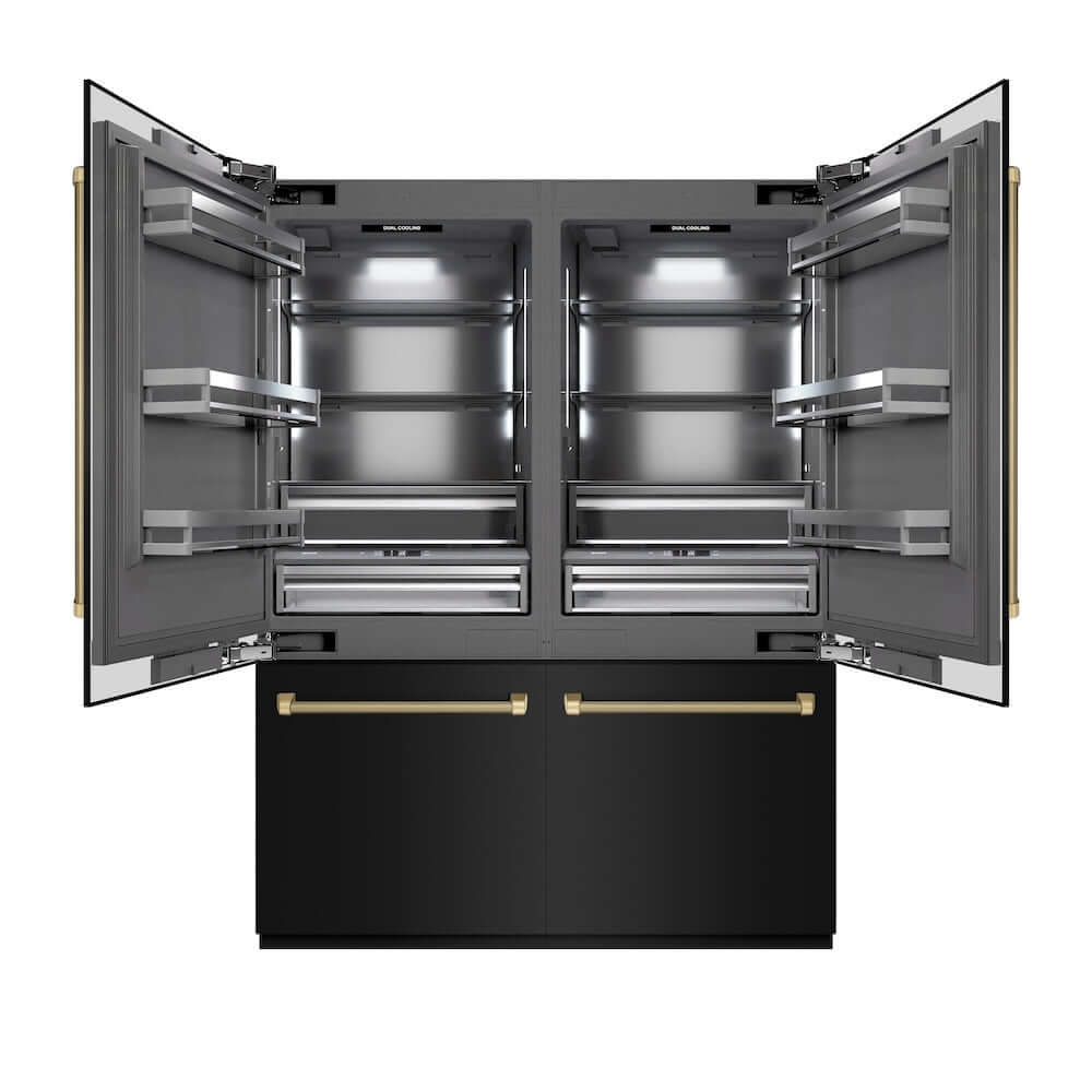 ZLINE Autograph Edition 60 in. 32.2 cu. ft. French Door Built-In Bottom Freezer Refrigerator with Water Dispenser and Ice Maker in Black Stainless Steel with Graphite Gray Interior and Champagne Bronze Helix Handles (GRBIVZ-BS60KCB) main image.