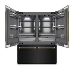 ZLINE Autograph Edition 60 in. 32.2 cu. ft. French Door Built-In Bottom Freezer Refrigerator with Water Dispenser and Ice Maker in Black Stainless Steel with Graphite Gray Interior and Champagne Bronze Helix Handles (GRBIVZ-BS60KCB) front, refrigeration compartment open.