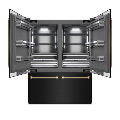 ZLINE Autograph Edition 60 in. 32.2 cu. ft. French Door Built-In Bottom Freezer Refrigerator with Water Dispenser and Ice Maker in Black Stainless Steel with Graphite Gray Interior and Champagne Bronze Helix Handles (GRBIVZ-BS60KCB) front, refrigeration compartment open.
