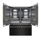 ZLINE Autograph Edition 60 in. 32.2 cu. ft. French Door Built-In Bottom Freezer Refrigerator with Water Dispenser and Ice Maker in Black Stainless Steel with Graphite Gray Interior and Champagne Bronze Helix Handles (GRBIVZ-BS60KCB) front, refrigeration compartment and bottom freezer open.