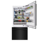 ZLINE 36 in. 19.8 cu. ft. Built-In Bottom Freezer Refrigerator with Water Dispenser and Ice Maker in Black Stainless Steel (RBIT-BS-36) front, open, displaying various food and drink items.