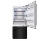 ZLINE 36 in. 19.8 cu. ft. Built-In Bottom Freezer Refrigerator with Water Dispenser and Ice Maker in Black Stainless Steel (RBIT-BS-36) front, refrigeration compartment open.