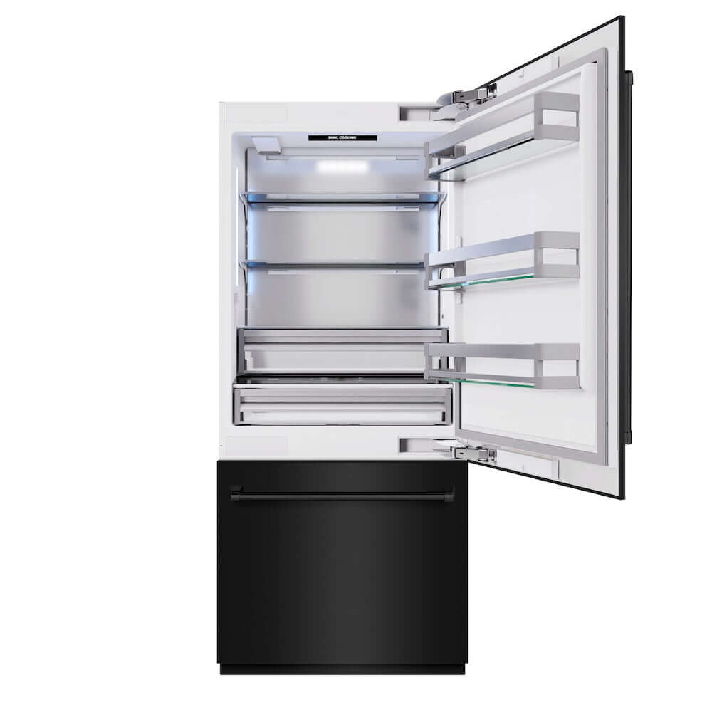 ZLINE 36 in. 19.8 cu. ft. Built-In Bottom Freezer Refrigerator with Water Dispenser and Ice Maker in Black Stainless Steel (RBIT-BS-36) front, refrigeration compartment open.