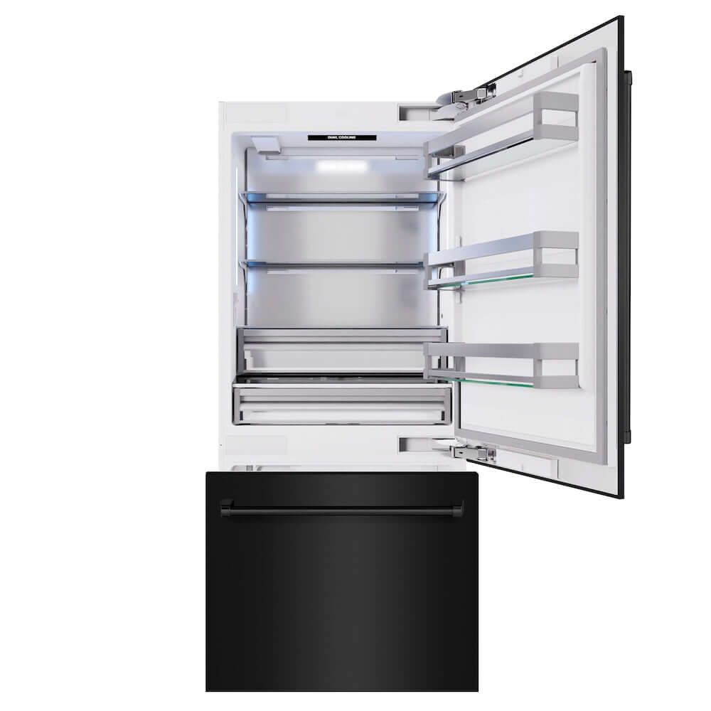 ZLINE 36 in. 19.8 cu. ft. Built-In Bottom Freezer Refrigerator with Water Dispenser and Ice Maker in Black Stainless Steel (RBIT-BS-36) front, refrigeration compartment and bottom freezer open.