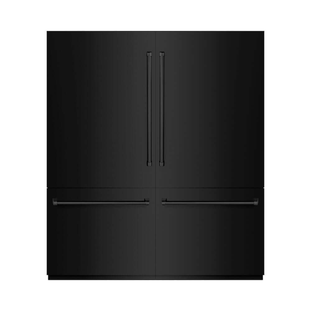 ZLINE 72 in. 39.6 cu. ft. French Door Built-In Bottom Freezer Refrigerator with Water Dispensers and Ice Makers in Black Stainless Steel (RBIT-BS-72) front, closed.