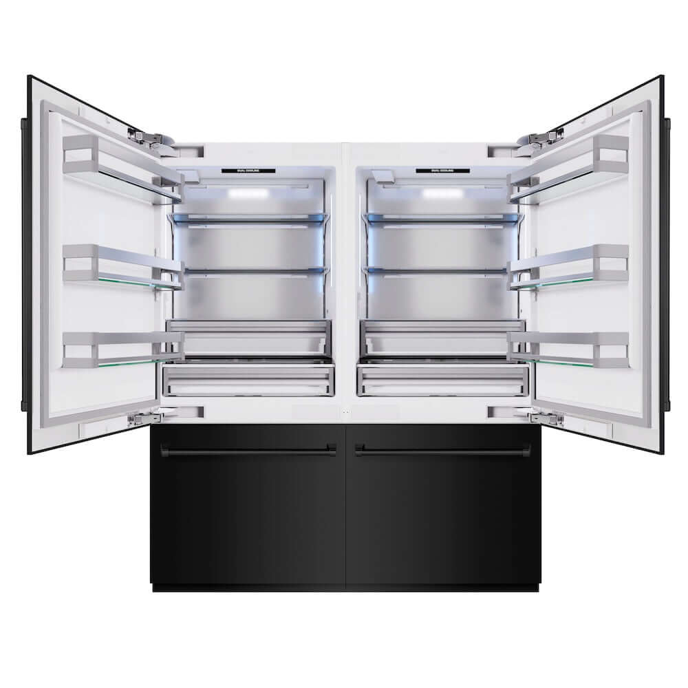 ZLINE 72 in. 39.6 cu. ft. French Door Built-In Bottom Freezer Refrigerator with Water Dispensers and Ice Makers in Black Stainless Steel (RBIT-BS-72) front, refrigeration compartment open.