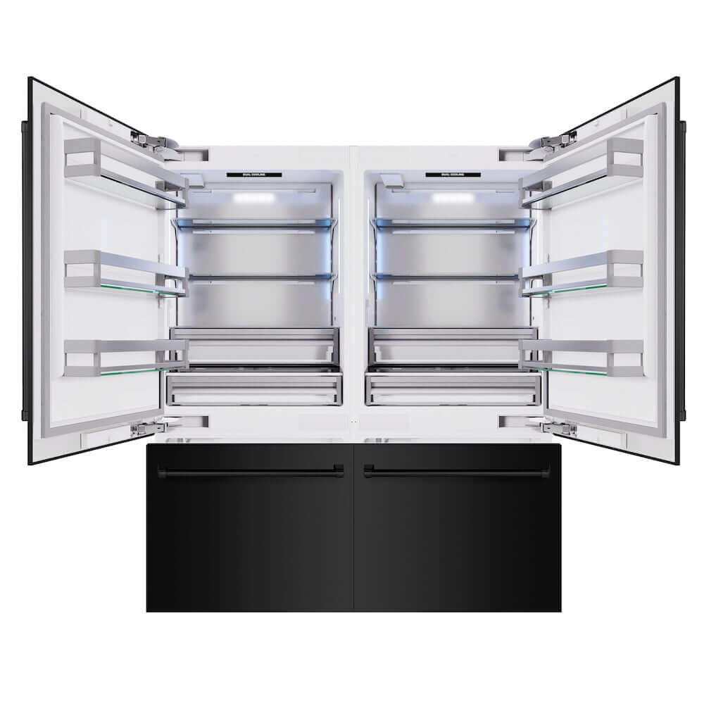 ZLINE 72 in. 39.6 cu. ft. French Door Built-In Bottom Freezer Refrigerator with Water Dispensers and Ice Makers in Black Stainless Steel (RBIT-BS-72) front, refrigeration compartment and bottom freezer open.