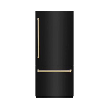 ZLINE Autograph Edition 36 in. 19.8 cu. ft. Built-In Bottom Freezer Refrigerator with Water Dispenser and Ice Maker in Black Stainless Steel and Champagne Bronze Accents (RBITZ-BS-36-CB) front, closed.