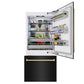 ZLINE Autograph Edition 36 in. 19.8 cu. ft. Built-In Bottom Freezer Refrigerator with Water Dispenser and Ice Maker in Black Stainless Steel and Champagne Bronze Accents (RBITZ-BS-36-CB) front, open, displaying various food and drink items.