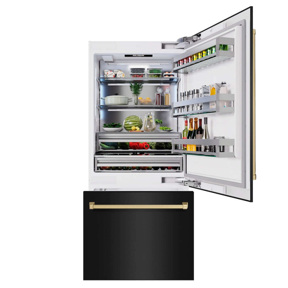ZLINE Autograph Edition 36 in. 19.8 cu. ft. Built-In Bottom Freezer Refrigerator with Water Dispenser and Ice Maker in Black Stainless Steel and Champagne Bronze Accents (RBITZ-BS-36-CB) front, open, displaying various food and drink items.