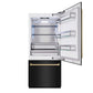 ZLINE Autograph Edition 36 in. 19.8 cu. ft. Built-In Bottom Freezer Refrigerator with Water Dispenser and Ice Maker in Black Stainless Steel and Champagne Bronze Accents (RBITZ-BS-36-CB) front, refrigeration compartment open.