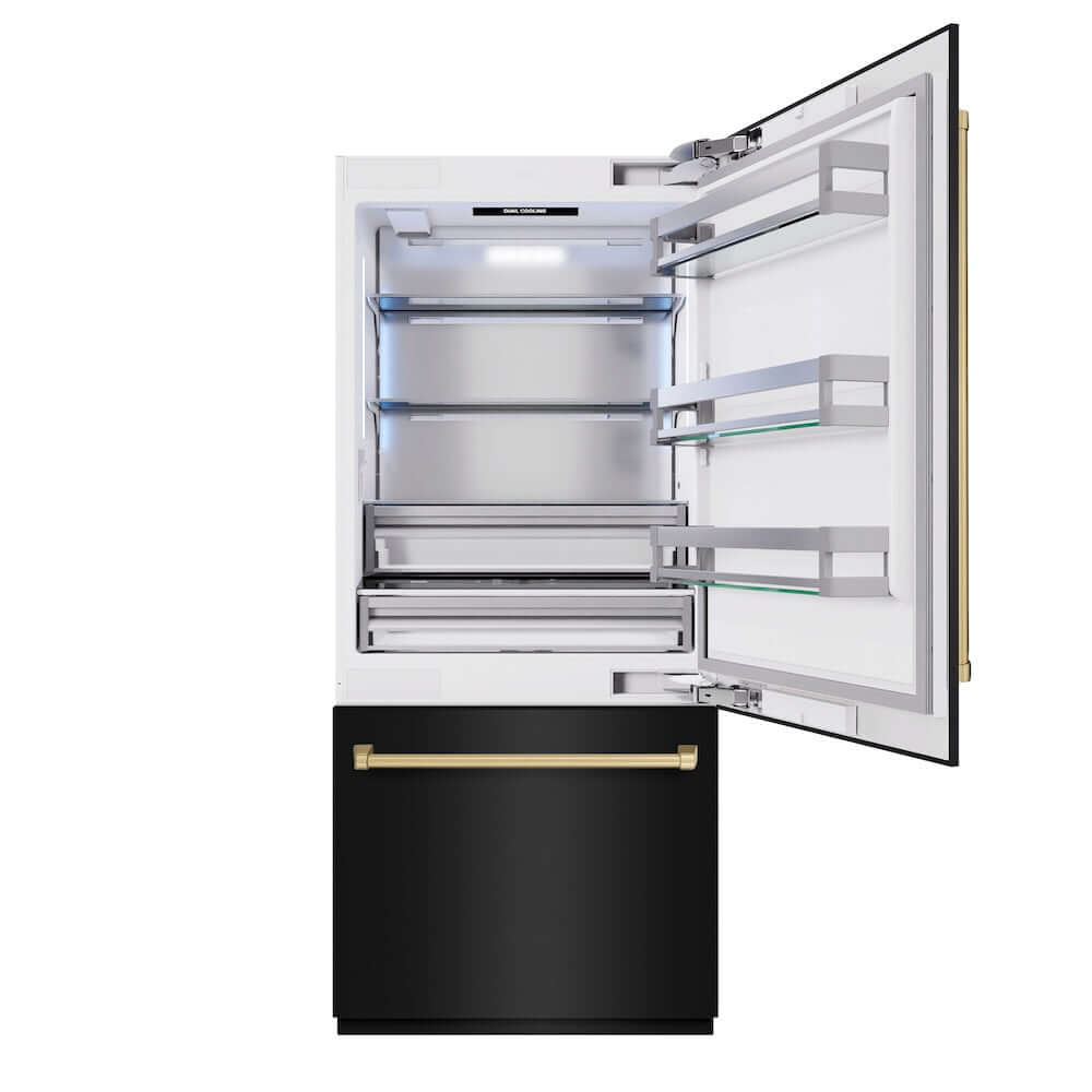 ZLINE Autograph Edition 36 in. 19.8 cu. ft. Built-In Bottom Freezer Refrigerator with Water Dispenser and Ice Maker in Black Stainless Steel and Champagne Bronze Accents (RBITZ-BS-36-CB) front, refrigeration compartment open.