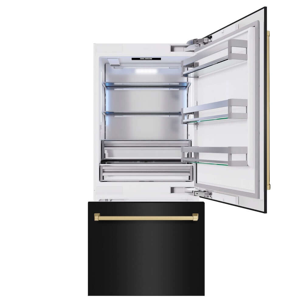 ZLINE Autograph Edition 36 in. 19.8 cu. ft. Built-In Bottom Freezer Refrigerator with Water Dispenser and Ice Maker in Black Stainless Steel and Champagne Bronze Accents (RBITZ-BS-36-CB) front, refrigeration compartment and bottom freezer open.