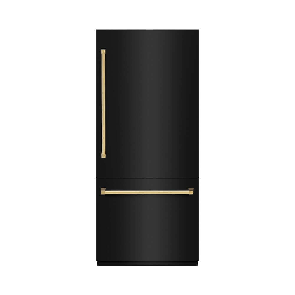 ZLINE Autograph Edition 36 in. 19.8 cu. ft. Built-In Bottom Freezer Refrigerator with Water Dispenser and Ice Maker in Black Stainless Steel and Polished Gold Accents (RBITZ-BS-36-G) front, closed.