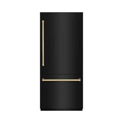 ZLINE Autograph Edition 36 in. 19.8 cu. ft. Built-In Bottom Freezer Refrigerator with Water Dispenser and Ice Maker in Black Stainless Steel and Polished Gold Accents (RBITZ-BS-36-G) front, closed.