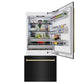 ZLINE Autograph Edition 36 in. 19.8 cu. ft. Built-In Bottom Freezer Refrigerator with Water Dispenser and Ice Maker in Black Stainless Steel and Polished Gold Accents (RBITZ-BS-36-G) front, open, displaying various food and drink items.