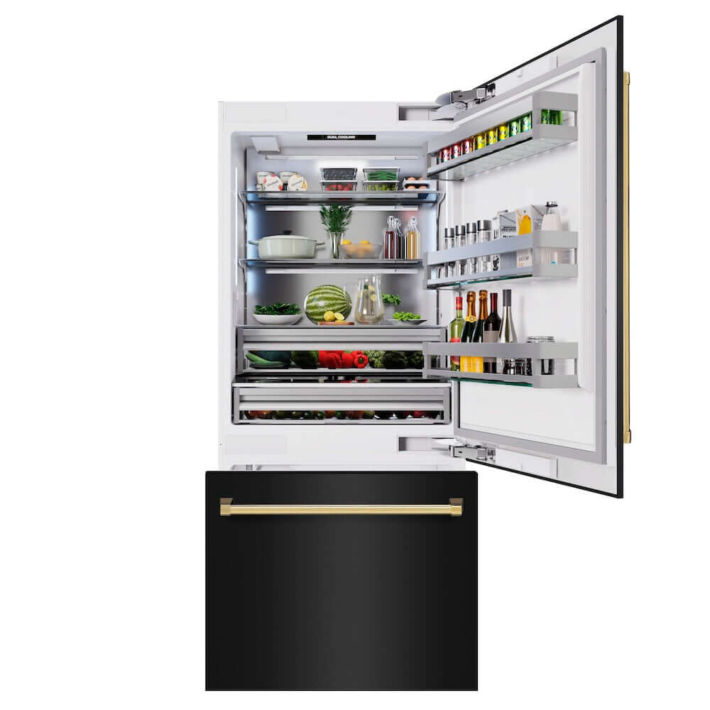 ZLINE Autograph Edition 36 in. 19.8 cu. ft. Built-In Bottom Freezer Refrigerator with Water Dispenser and Ice Maker in Black Stainless Steel and Polished Gold Accents (RBITZ-BS-36-G) front, open, displaying various food and drink items.