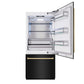 ZLINE Autograph Edition 36 in. 19.8 cu. ft. Built-In Bottom Freezer Refrigerator with Water Dispenser and Ice Maker in Black Stainless Steel and Polished Gold Accents (RBITZ-BS-36-G) front, refrigeration compartment open.