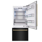 ZLINE Autograph Edition 36 in. 19.8 cu. ft. Built-In Bottom Freezer Refrigerator with Water Dispenser and Ice Maker in Black Stainless Steel and Polished Gold Accents (RBITZ-BS-36-G) front, refrigeration compartment and bottom freezer open.