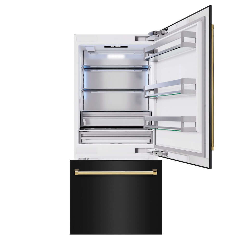 ZLINE Autograph Edition 36 in. 19.8 cu. ft. Built-In Bottom Freezer Refrigerator with Water Dispenser and Ice Maker in Black Stainless Steel and Polished Gold Accents (RBITZ-BS-36-G) front, refrigeration compartment and bottom freezer open.