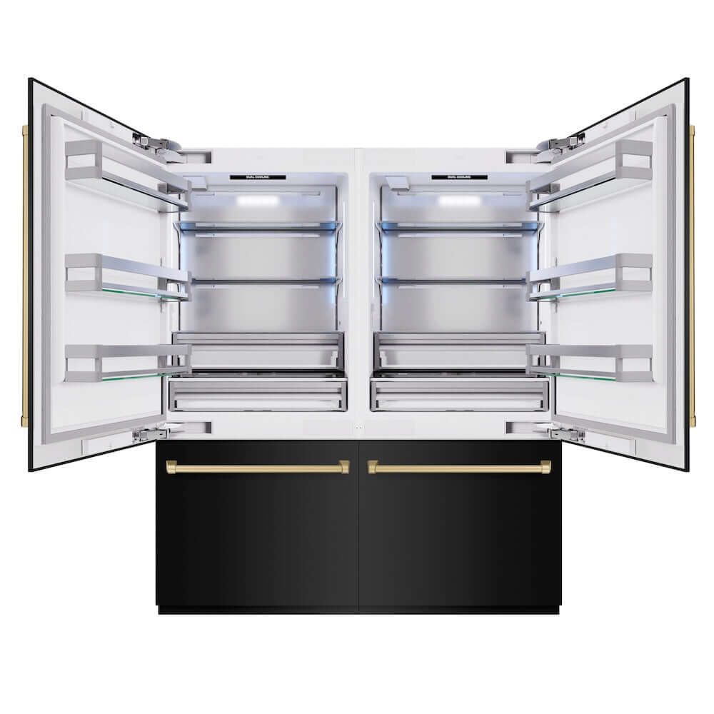 ZLINE Autograph Edition 72 in. 39.6 cu. ft. French Door Built-In Bottom Freezer Refrigerator with Water Dispensers and Ice Makers in Black Stainless Steel and Champagne Bronze Accents (RBITZ-BS-72-CB) front, refrigeration compartment open.