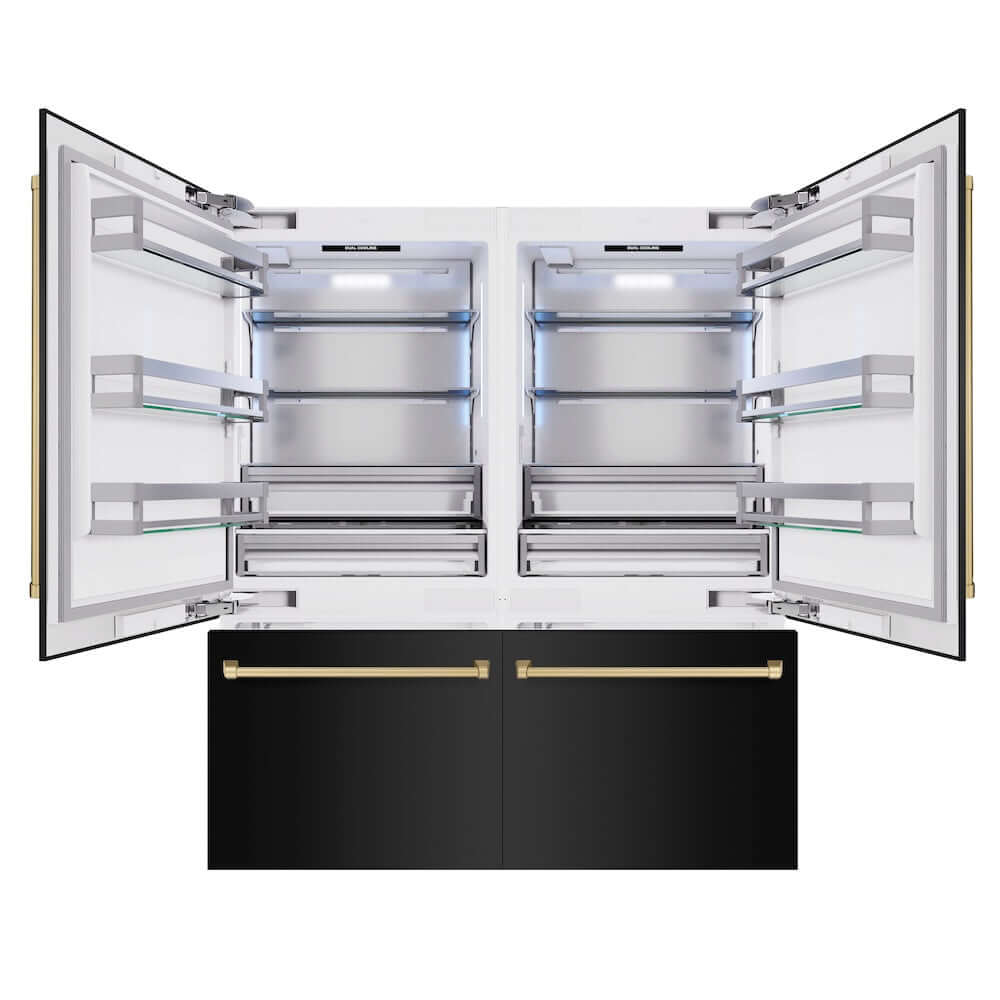 ZLINE Autograph Edition 72 in. 39.6 cu. ft. French Door Built-In Bottom Freezer Refrigerator with Water Dispensers and Ice Makers in Black Stainless Steel and Champagne Bronze Accents (RBITZ-BS-72-CB) front, refrigeration compartment and bottom freezer open.