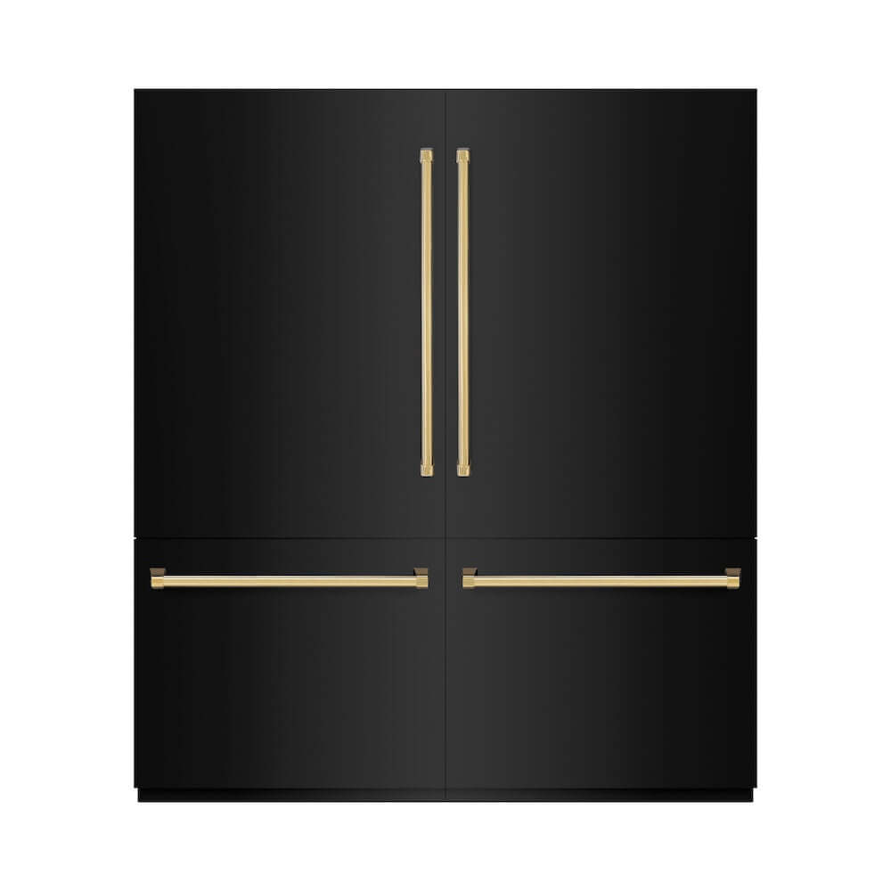 ZLINE Autograph Edition 72 in. 39.6 cu. ft. French Door Built-In Bottom Freezer Refrigerator with Water Dispensers and Ice Makers in Black Stainless Steel and Polished Gold Accents (RBITZ-BS-72-G) front, closed.