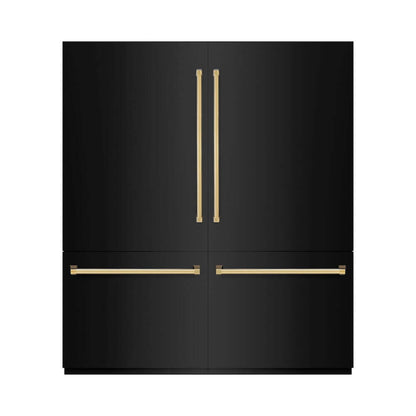 ZLINE Autograph Edition 72 in. 39.6 cu. ft. French Door Built-In Bottom Freezer Refrigerator with Water Dispensers and Ice Makers in Black Stainless Steel and Polished Gold Accents (RBITZ-BS-72-G) front, closed.