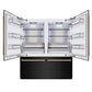 ZLINE Autograph Edition 72 in. 39.6 cu. ft. French Door Built-In Bottom Freezer Refrigerator with Water Dispensers and Ice Makers in Black Stainless Steel and Polished Gold Accents (RBITZ-BS-72-G) front, refrigeration compartment open.