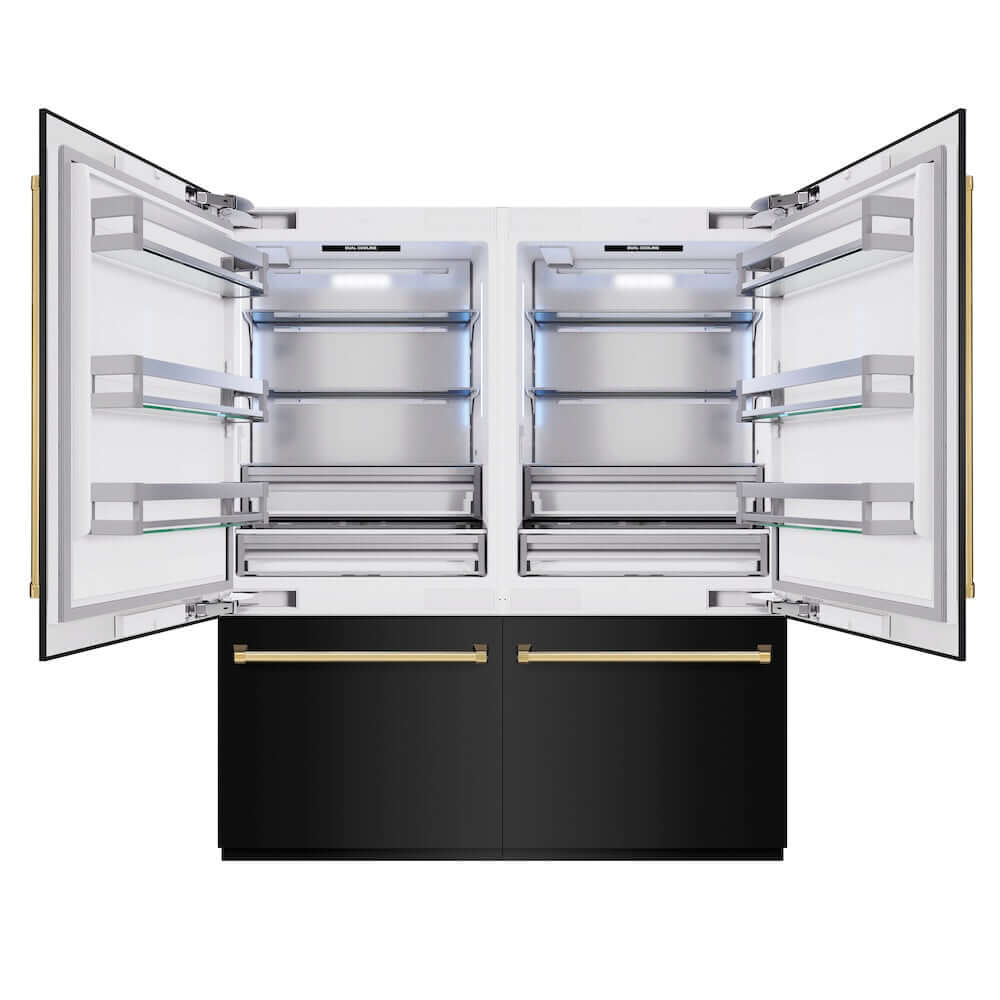 ZLINE Autograph Edition 72 in. 39.6 cu. ft. French Door Built-In Bottom Freezer Refrigerator with Water Dispensers and Ice Makers in Black Stainless Steel and Polished Gold Accents (RBITZ-BS-72-G) front, refrigeration compartment open.