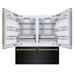 ZLINE Autograph Edition 72 in. 39.6 cu. ft. French Door Built-In Bottom Freezer Refrigerator with Water Dispensers and Ice Makers in Black Stainless Steel and Polished Gold Accents (RBITZ-BS-72-G) front, refrigeration compartment and bottom freezer open.