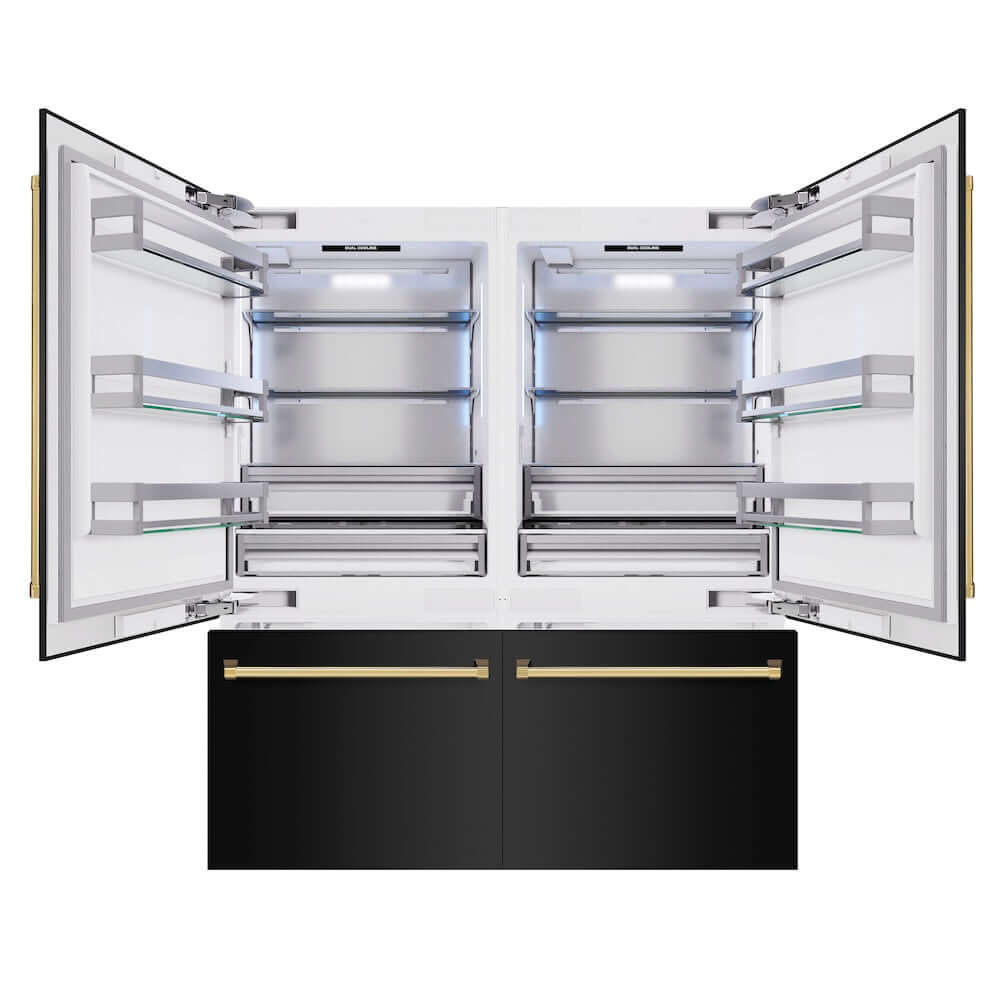 ZLINE Autograph Edition 72 in. 39.6 cu. ft. French Door Built-In Bottom Freezer Refrigerator with Water Dispensers and Ice Makers in Black Stainless Steel and Polished Gold Accents (RBITZ-BS-72-G) front, refrigeration compartment and bottom freezer open.