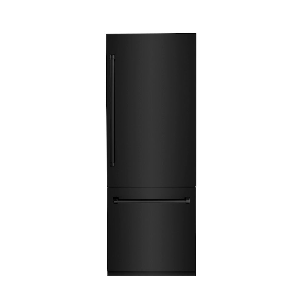 ZLINE 30 in. 16.1 cu. ft. Built-In Bottom Freezer Refrigerator with Water Dispenser and Ice Maker in Black Stainless Steel (RBIV-BS-30) front, closed.