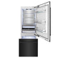 ZLINE 30 in. 16.1 cu. ft. Built-In Bottom Freezer Refrigerator with Water Dispenser and Ice Maker in Black Stainless Steel (RBIV-BS-30) front, refrigeration compartment and bottom freezer open with lights on.