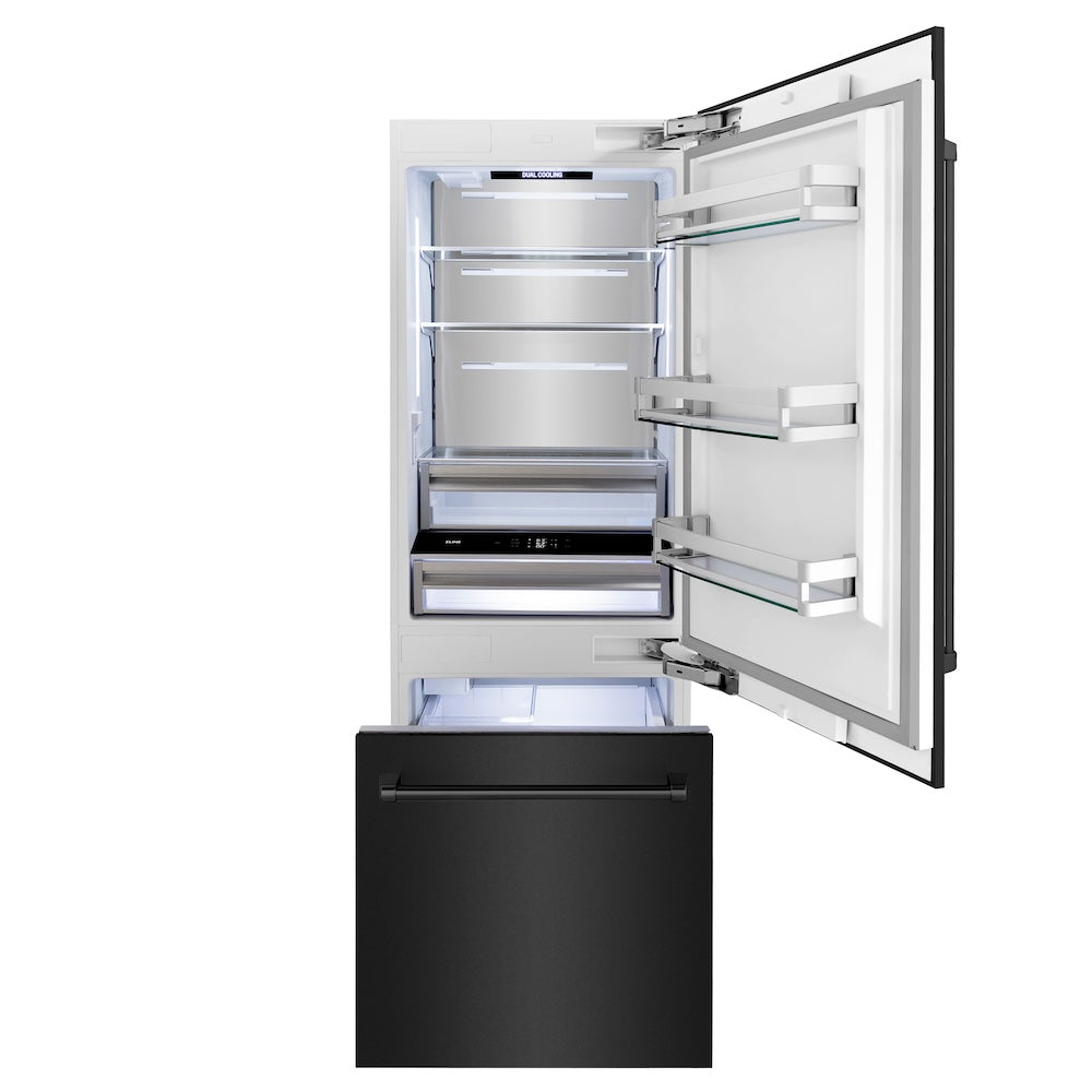 ZLINE 30 in. 16.1 cu. ft. Built-In Bottom Freezer Refrigerator with Water Dispenser and Ice Maker in Black Stainless Steel (RBIV-BS-30) front, refrigeration compartment and bottom freezer open with lights on.