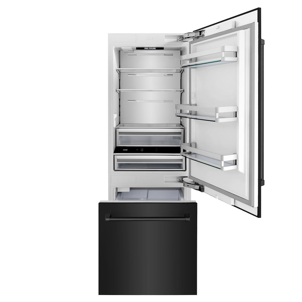 ZLINE 30 in. 16.1 cu. ft. Built-In Bottom Freezer Refrigerator with Water Dispenser and Ice Maker in Black Stainless Steel (RBIV-BS-30) front, open, empty.