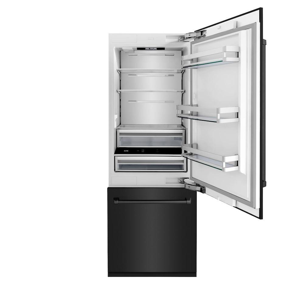 ZLINE 30 in. 16.1 cu. ft. Built-In Bottom Freezer Refrigerator with Water Dispenser and Ice Maker in Black Stainless Steel (RBIV-BS-30) front, open, empty.