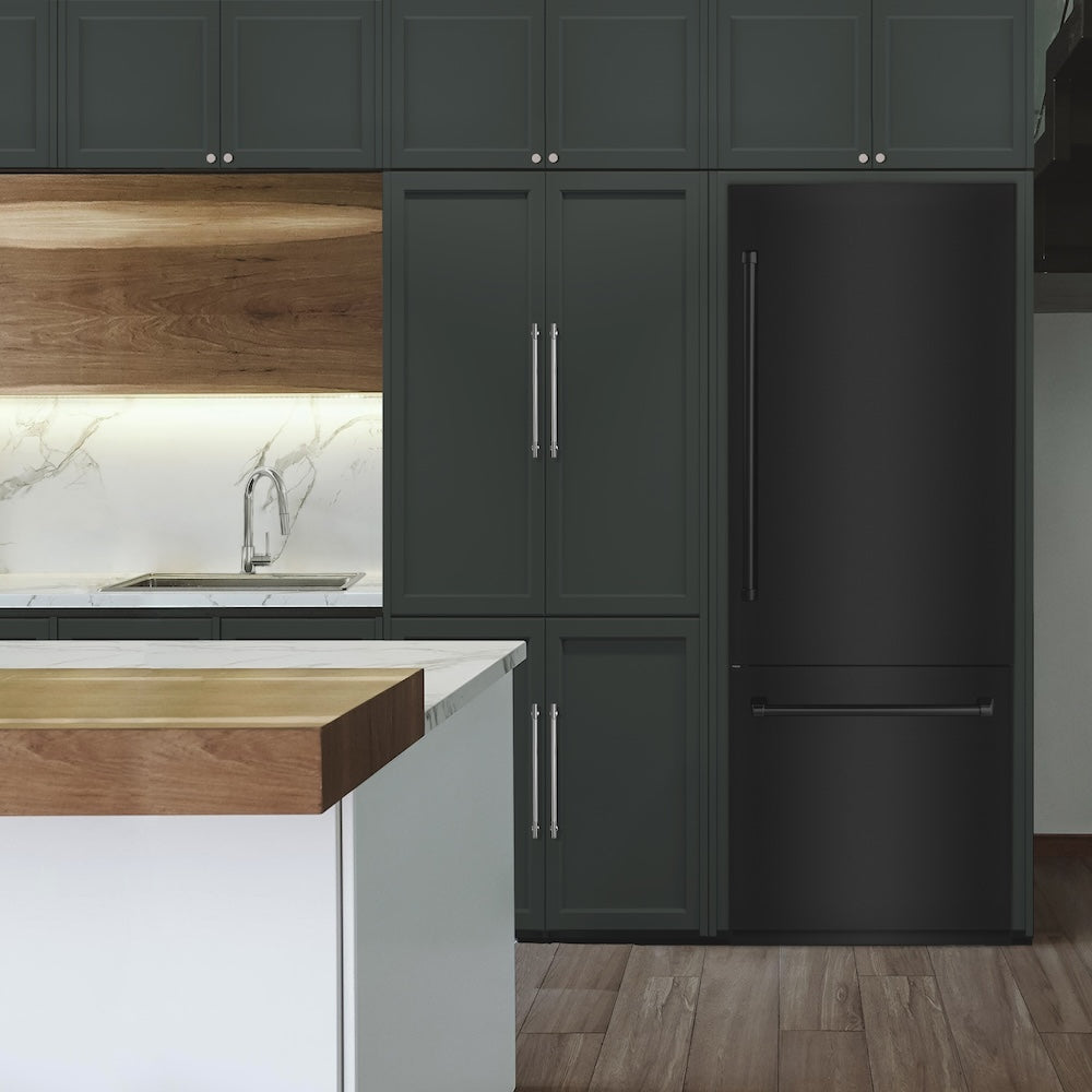 ZLINE 30 in. 16.1 cu. ft. Built-In Bottom Freezer Refrigerator with Water Dispenser and Ice Maker in Black Stainless Steel (RBIV-BS-30) in a luxury kitchen.