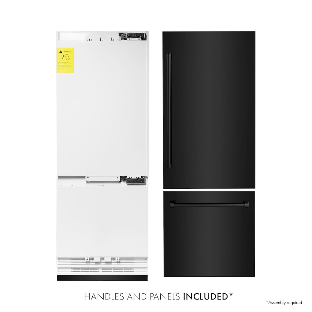 ZLINE 30 in. 16.1 cu. ft. Built-In 2-Door Bottom Freezer Refrigerator with Internal Water and Ice Dispenser in Black Stainless Steel (RBIV-BS-30) front, refrigeration unit next to panels. Text: Handles and Panels Included.